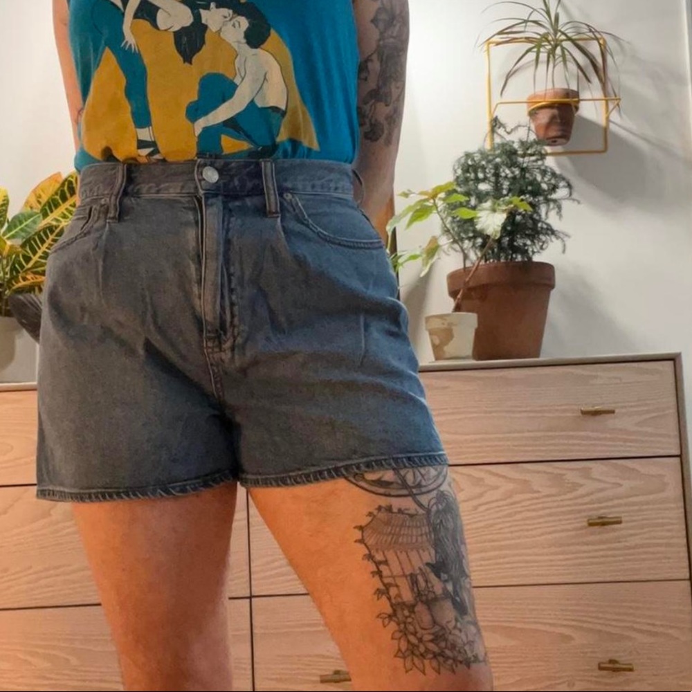 High-Waisted Pleated Jean Shorts